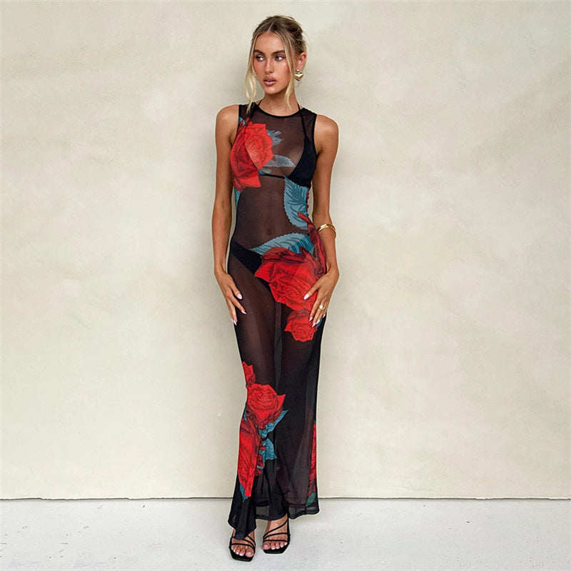 Summer Women Clothing Personalized Stylish Print Round Neck Slim Mesh Sexy Sheath Dress Bella Mia