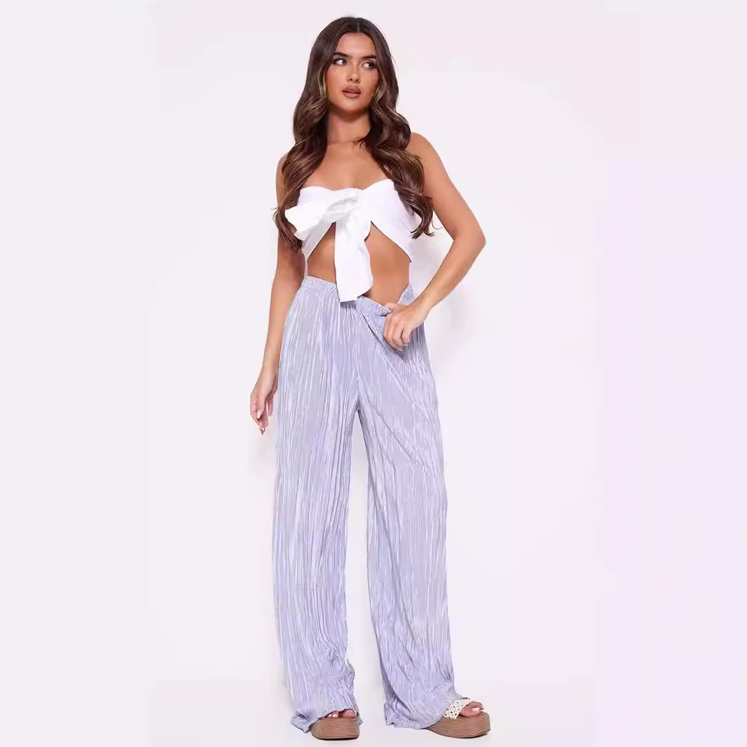 Summer Women Wide Leg Pants High Grade Luxury Pleated Satin Flash Casual Pants Bella Mia