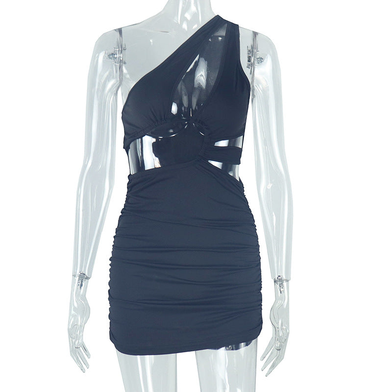 Casual Women Clothing Hollow Out Cutout Comfortable Elegant Simple Solid Color Hip dress Sleeveless Diagonal Collar Short Dress Bella Mia