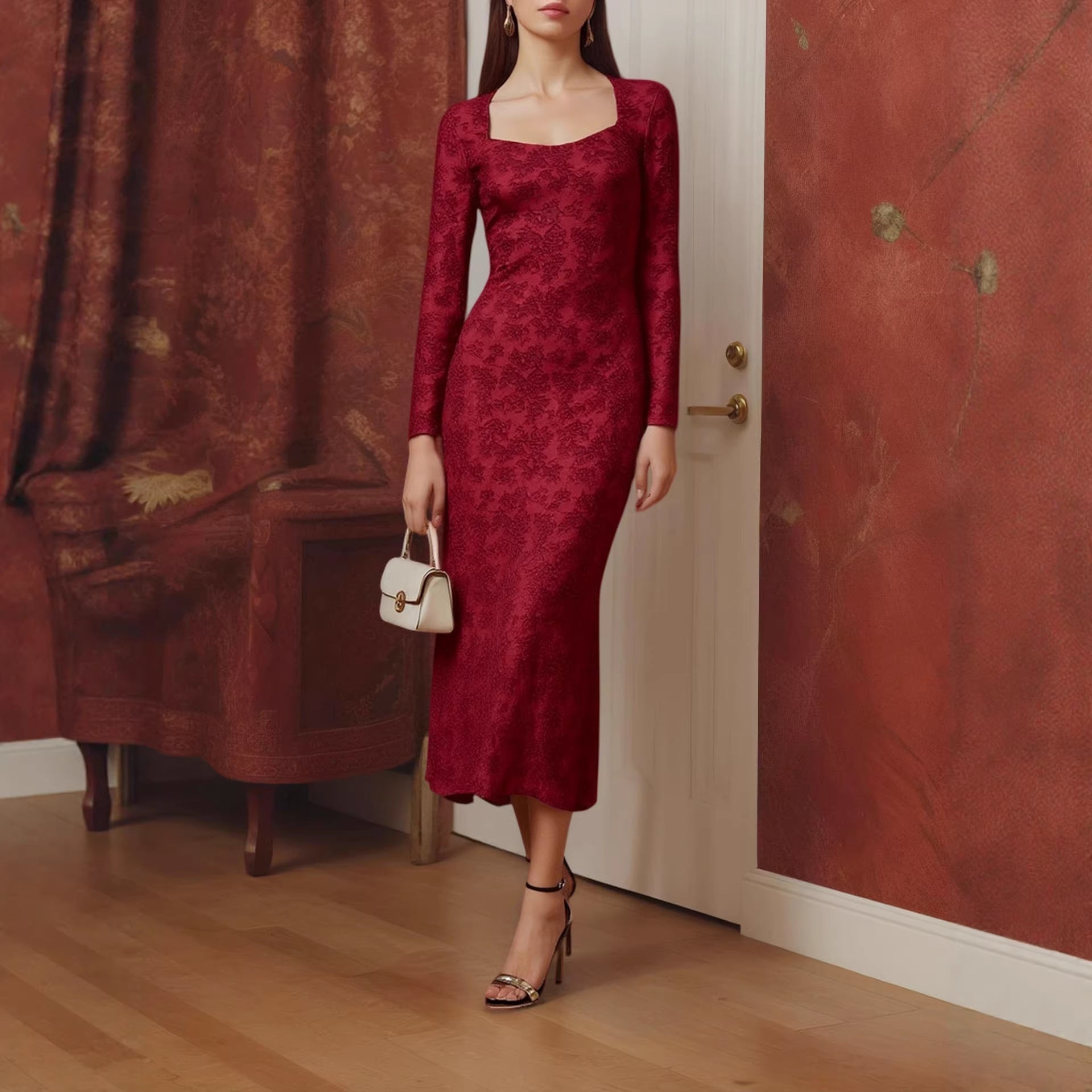 Spring Dress Elegant Slim Fit Square Collar Lace Long Sleeve Dress