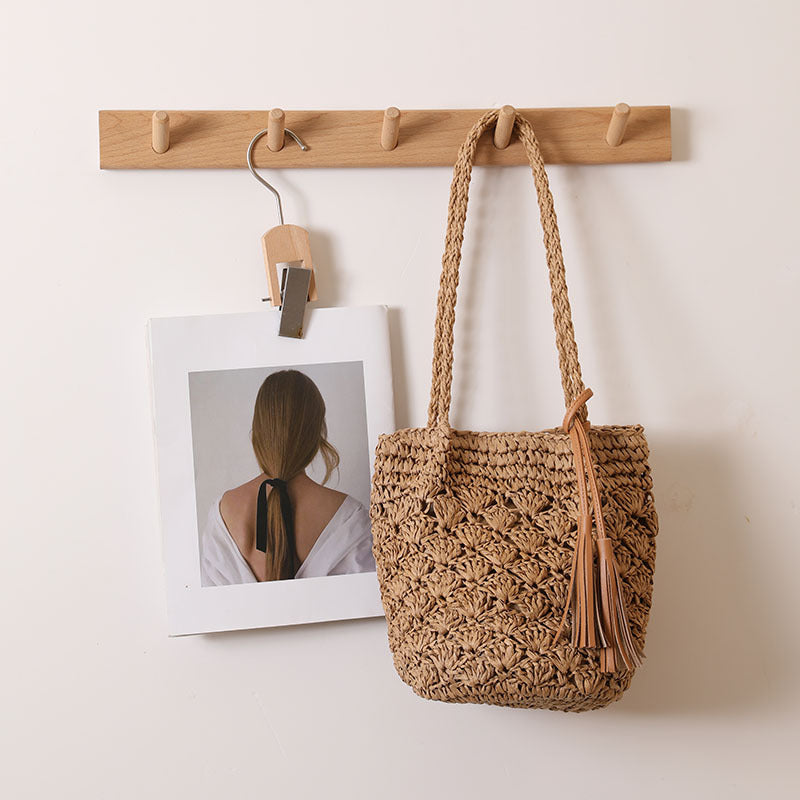 Tassel Shoulder Straw Bag Fan Hollow Out Cutout Pattern Woven Bag Women Vacation Beach Bag Women Bag Bella Mia