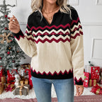 Autumn Winter Jacquard Knitwear Christmas Retro Polo Collar Contrast Color Pullover Women Bella Mia