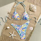 Ladies Sexy Fresh Ocean Print Halter Lace up Triangle Split Swimsuit Bella Mia