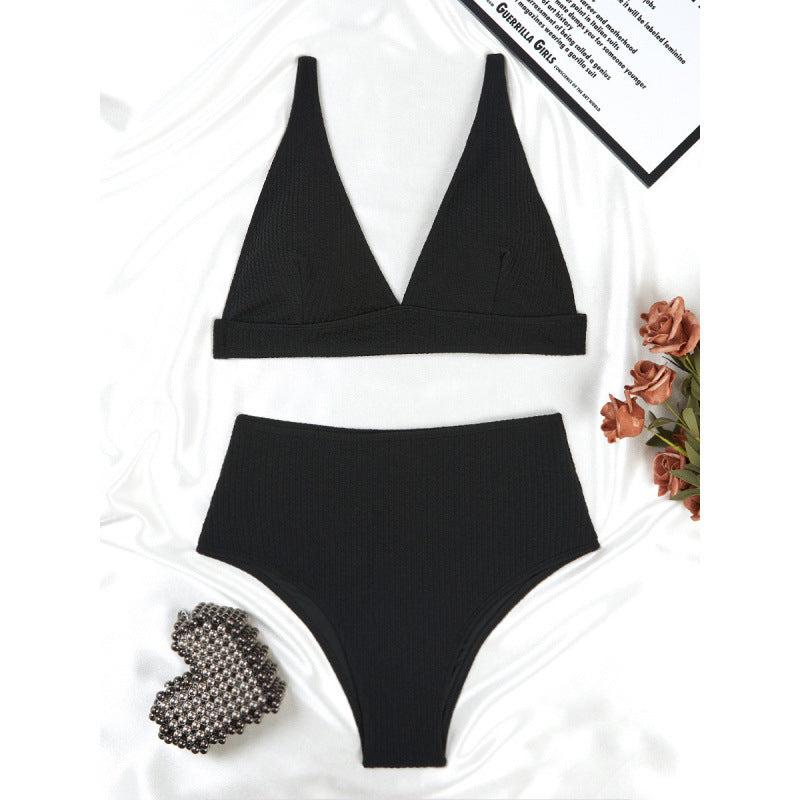 Solid Color High Waist Sunken Stripe Bikini Sexy Swimsuit Women Split Special Fabric Swimsuit Bella Mia