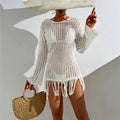 Beach Cover up Hollow Out Cutout out Knitted Dress Long Sleeve All Match Sun Protection Solid Color Tassel Dress See through Simple Sense Bella Mia