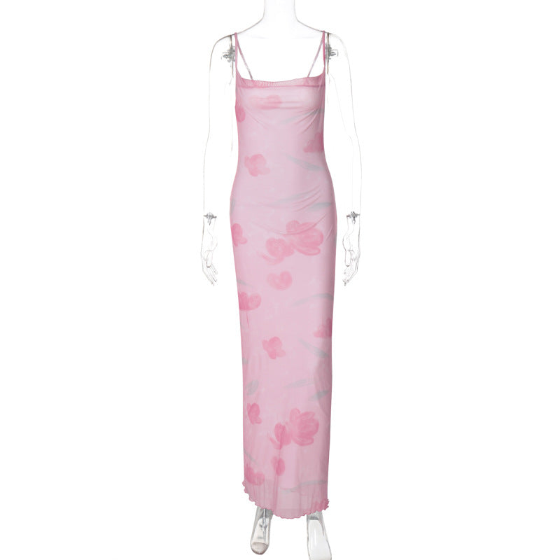 Women Clothing Summer Sexy Sweet Spicy off Neck Mesh Floral Print Long Sling Dress Bella Mia