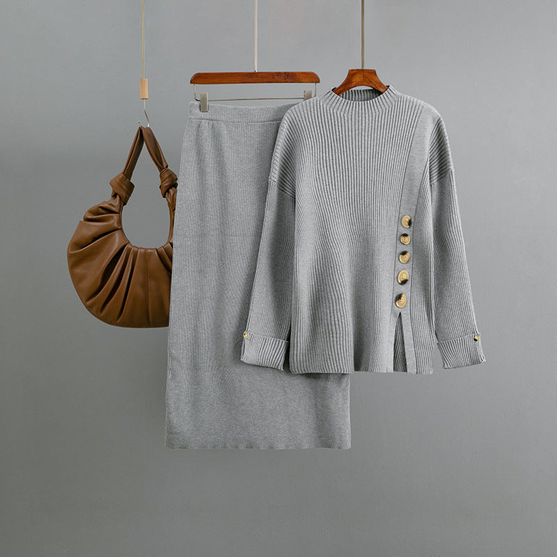 Women Autumn Winter Side Slit Fastener Decoration Sweater Skirt Two Piece Sets Bella Mia