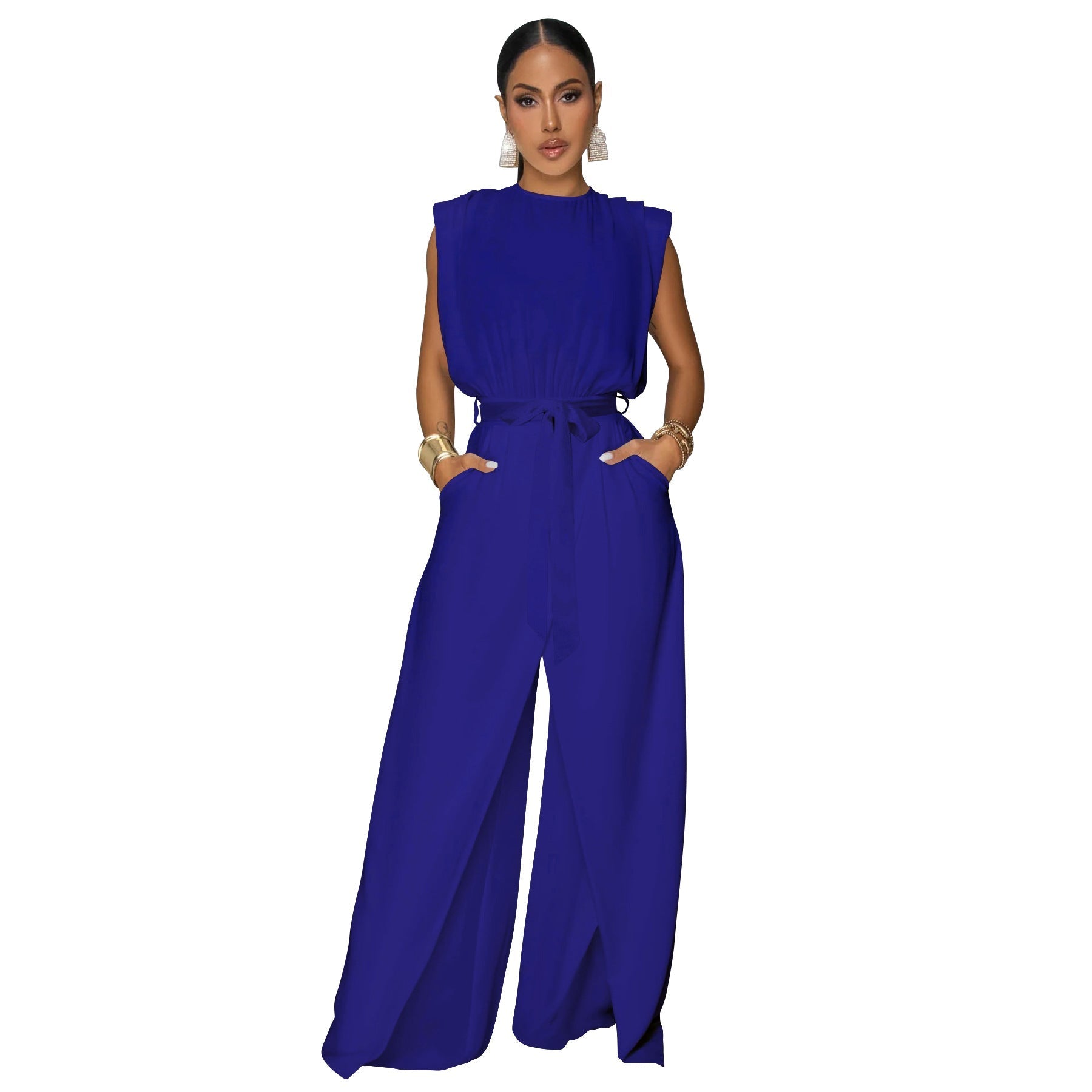 Women Wear Russia Solid Color Sleeveless Fitted Waist Jumpsuit Bella Mia