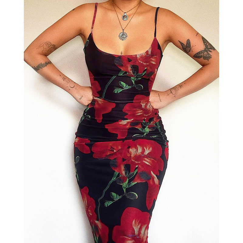 Spaghetti Strap Floral Print Stretch Slim Fit Dress Summer Waist Sheath Dress Bella Mia