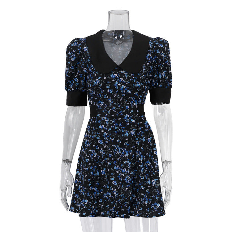 Summer Printed Short Temperamental Floral Dress Arrival Collared Short Sleeve High Waist A line Dress