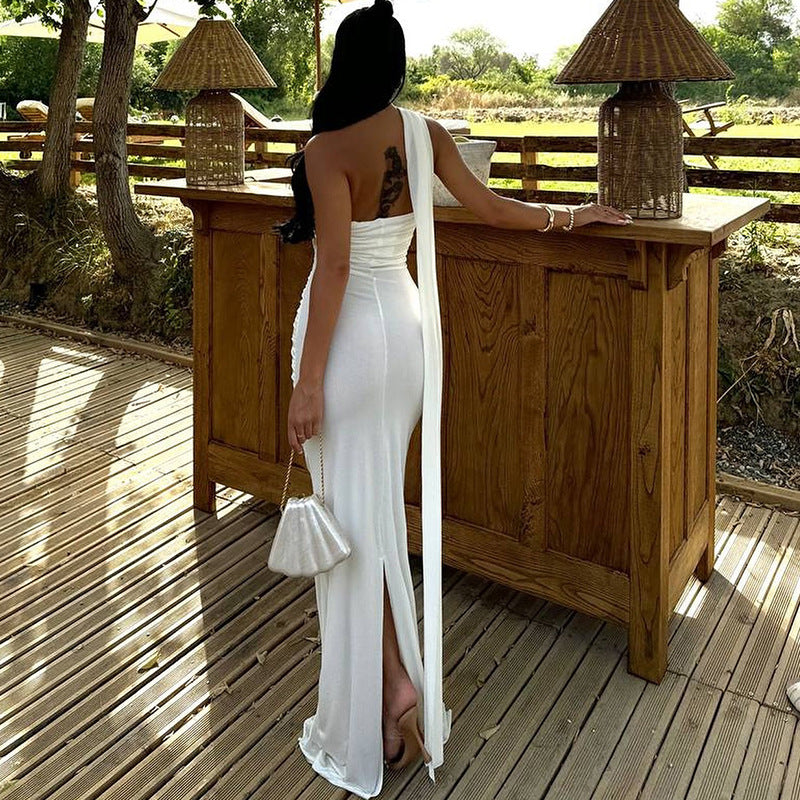 Women Clothing Solid Color Halter Dress Sexy Backless Ribbon Split Maxi Dress Bella Mia