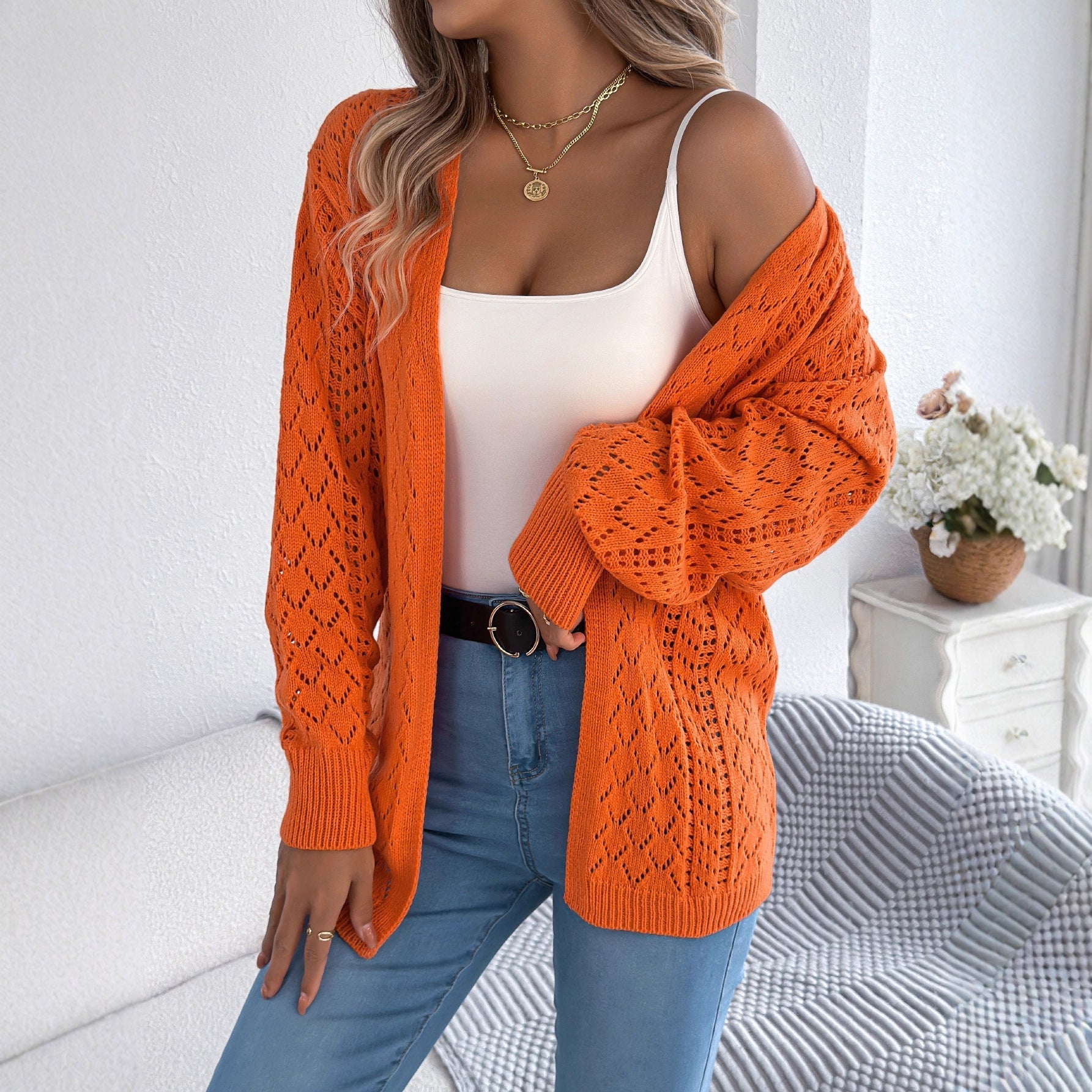 Autumn Winter Hollow Out Cutout out Lantern Long Sleeve Cardigan Sweater Mid Length Coat Women Clothing Bella Mia