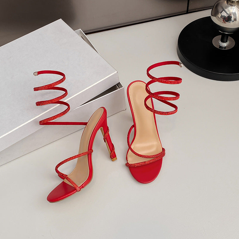 Summer Snake Shaped Rhinestone High Heel Shoes Internet Celebrity Fairy Winding Stiletto Sandals Women Bella Mia