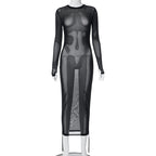 Women Clothing Autumn round Neck Long Sleeve Mesh Pleating Adjustable Long Short Blouse Dress Bella Mia