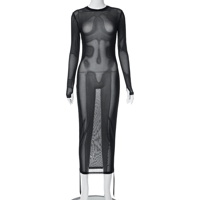 Women Clothing Autumn round Neck Long Sleeve Mesh Pleating Adjustable Long Short Blouse Dress Bella Mia