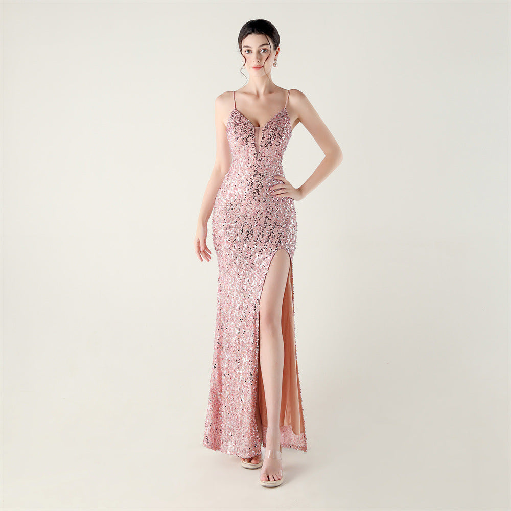 Bead Tube Sequin Spaghetti Strap High Slit Evening Dress Cross Tied Slim Fit Slimming Dinner Social Women Bella Mia