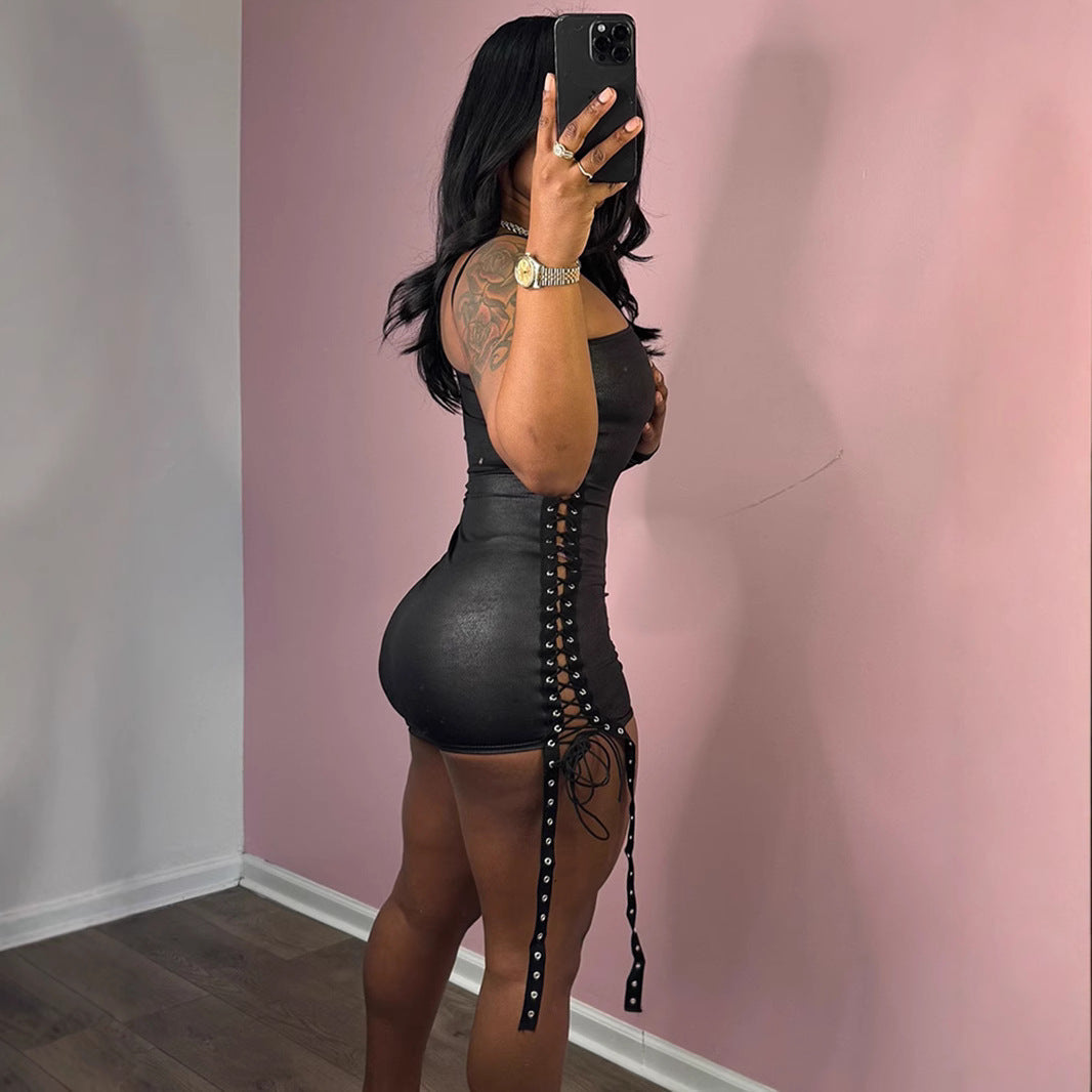 Women Clothing Dress Diagonal Collar Ribbon Hollow Out Cutout out Strap Single Side Long Sleeve Pullover Hip for Women Bella Mia