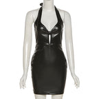 Summer Women Clothing Halter Sexy Hollow-out Backless Low-Cut Slim Fit Faux Leather Dress for Women Bella Mia