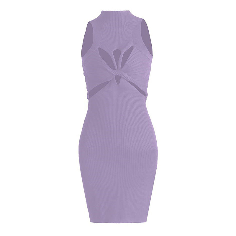 Sexy Sleeveless Elegant Design Hollow Out Cutout Twist Slim Fit Slimming Knitted Dress Women