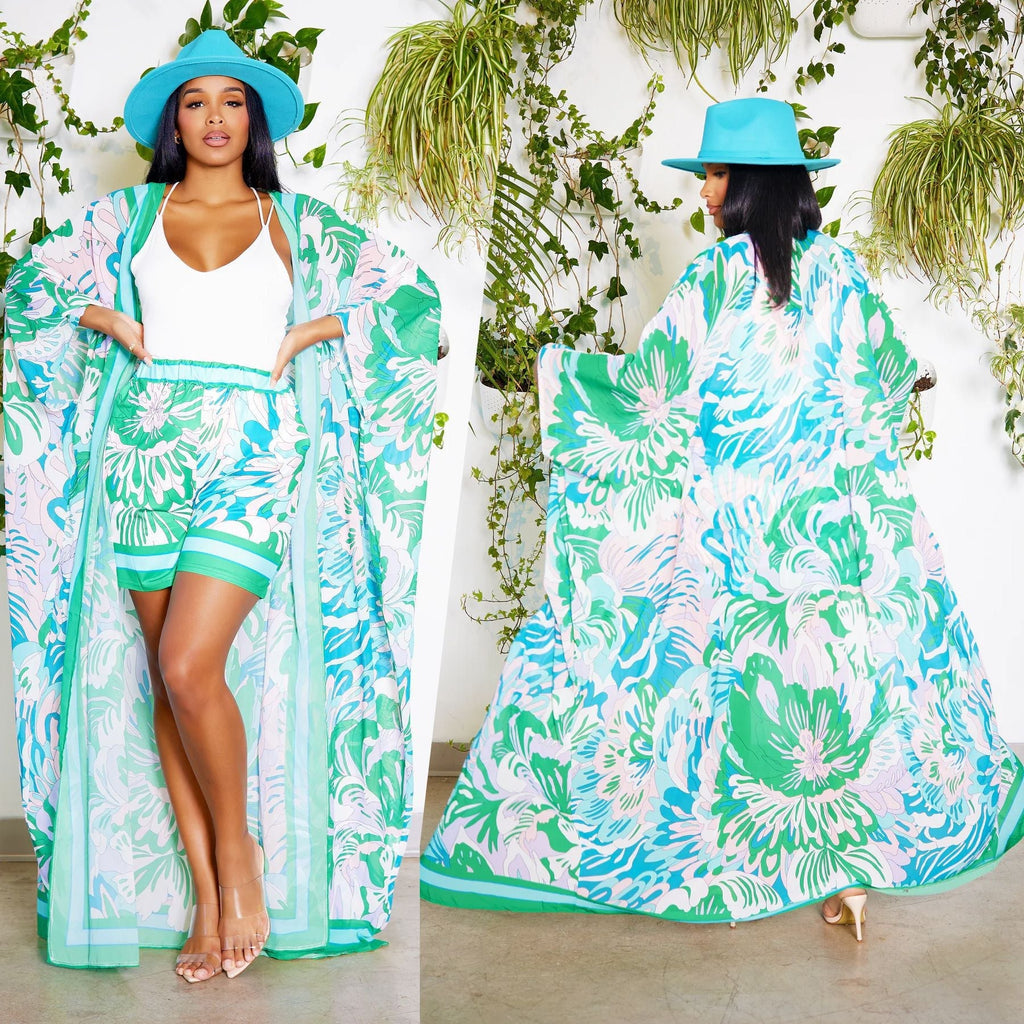Chiffon Printed Blouse Shorts Suit Sun Protection One Sleeve Cardigan Beach Two Piece Set Women Bella Mia