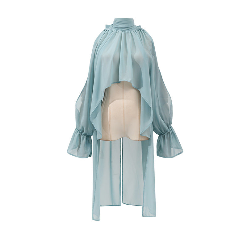 Autumn Tops Women Sweet Fresh Korean Casual Irregular Asymmetric Stand Collar Loose Solid Color Halter Shirt Bella Mia
