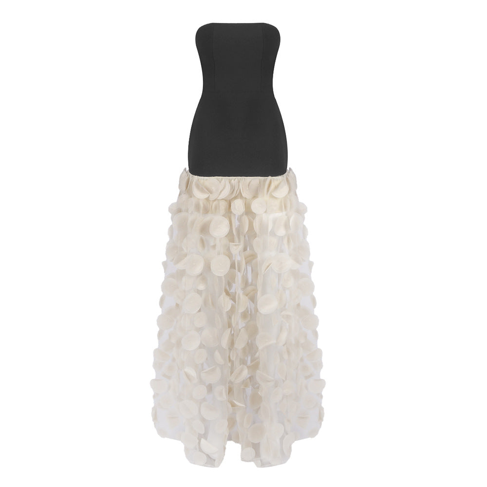 Spring Summer Black White Tube Top Dress Three Dimensional Floral Pettiskirt Dinner Wedding Dress Host Dress