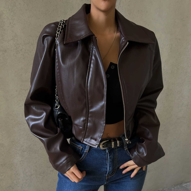 Women Clothing Autumn Retro Collared Zipper Faux Leather Casual Jacket Coat Bella Mia