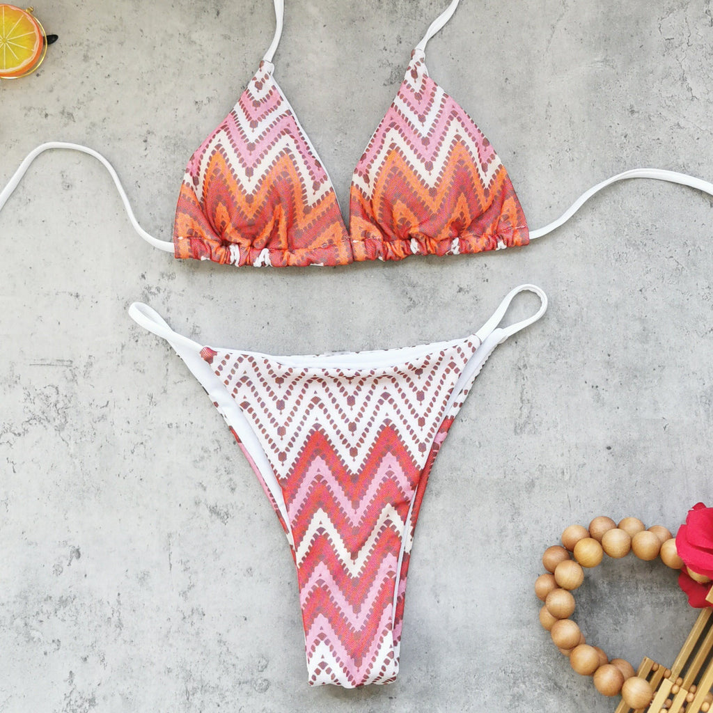Striped Printed Sexy Backless Three Point Bikini Mesh Trousers Split Swimsuit Women Bella Mia