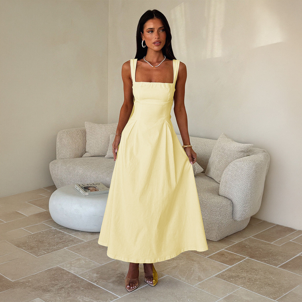 Office Vacation Waist Trimming Spaghetti Straps Dress Women Clothing Summer Independent