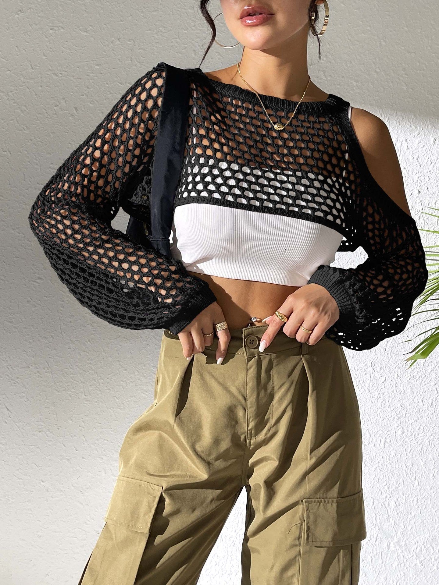 Women Clothing Sexy Cropped Hollow Out Cutout out Woolen Blouse Casual Fashionable Outerwear Bella Mia
