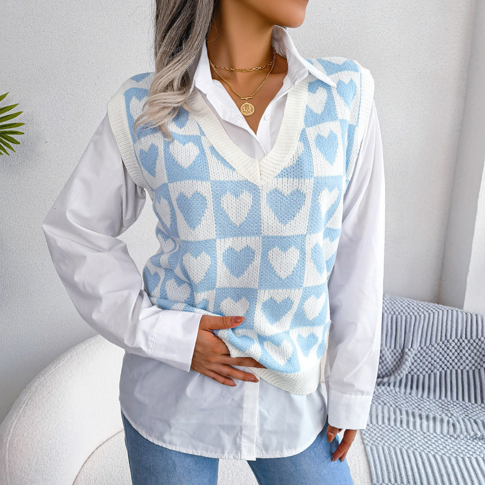 Autumn Winter College Heart Knitted Vest Sweater Vest Women Clothing Bella Mia