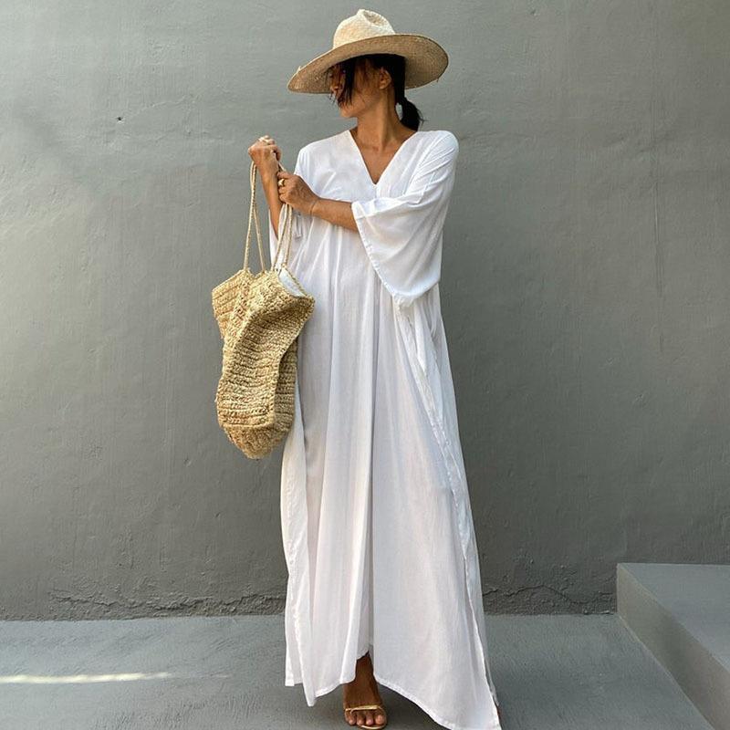 Rayon Loose Robe Beach Cover Up Sexy V Neck Headband Belt Sun Protection Dress Women Bella Mia