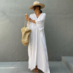 Rayon Loose Robe Beach Cover Up Sexy V Neck Headband Belt Sun Protection Dress Women Bella Mia