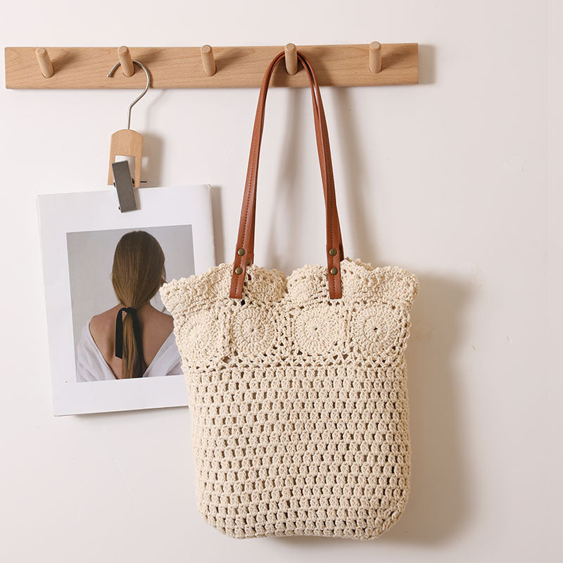 Hollow Out Cutout Floral Single Shoulder Cotton Thread Woven Bag Lace Straw Bag Vacation Beach Bag Office Women Bag Bella Mia