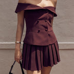 Spring Sexy Double Breasted off Shoulder Top Pleated Skirt Set Bella Mia