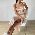 Satin Sling Dress Summer Split Mid Length Satin A line Drress Bella Mia
