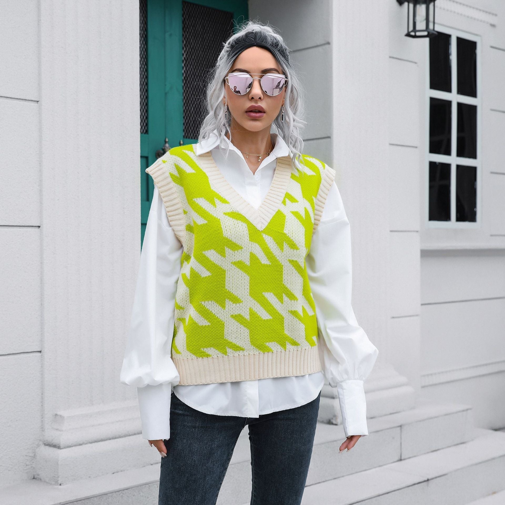 Houndstooth V-neck Vest Sweater Women Vest Outer Wear Inner Wear Autumn Winter Knitwear Sweater Boucle Bella Mia