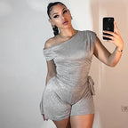 Women Clothing Spring Summer Crossbody off the Shoulder Pleated Bow Waist Tie Romper Bella Mia