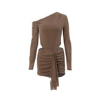 Women Clothing Autumn Sexy Diagonal Collar Solid Color Lace up Faux Two Piece Pleated Long Sleeve Narrow Dress Bella Mia