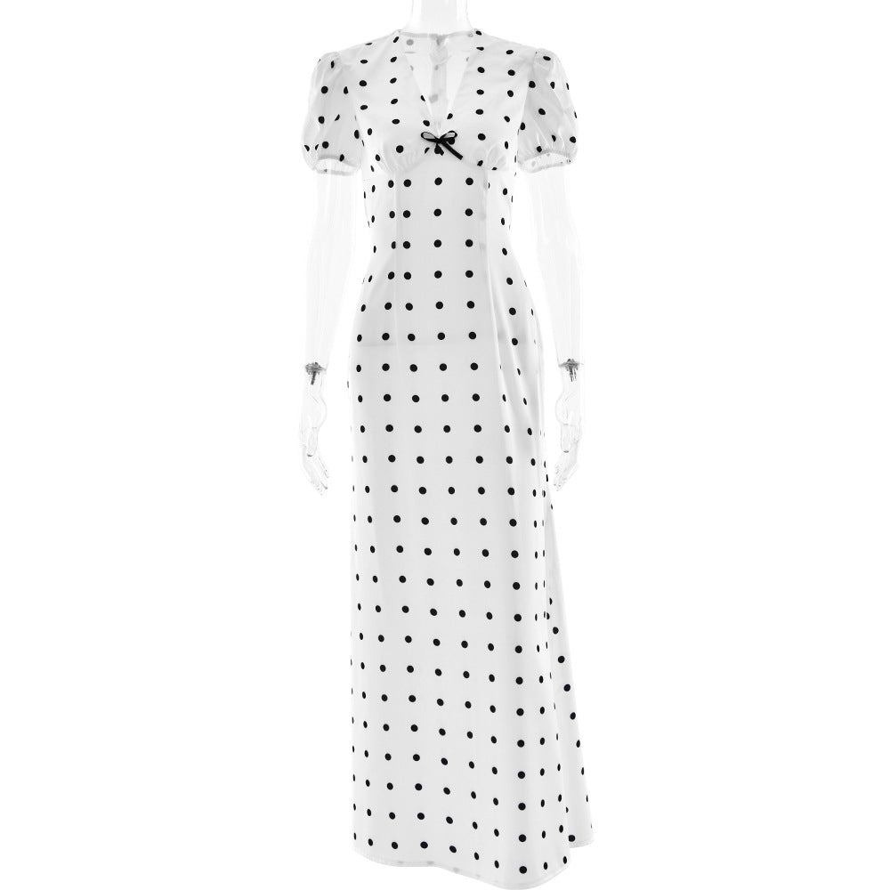 V neck Waist-Controlled Lace up Puff Sleeve Polka Dot Elegant Sexy Slim Dress Maxi Dress Bella Mia
