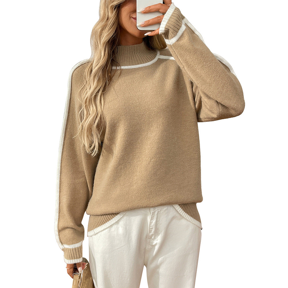 Autumn Winter Season Half Turtleneck Casual Loose Pullover Lazy Contrast Color Sweater Bella Mia