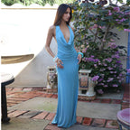 Fall Women Clothing Sexy Backless Halter Swing Collar Solid Color High Waist Slim Hip Long Dress Bella Mia