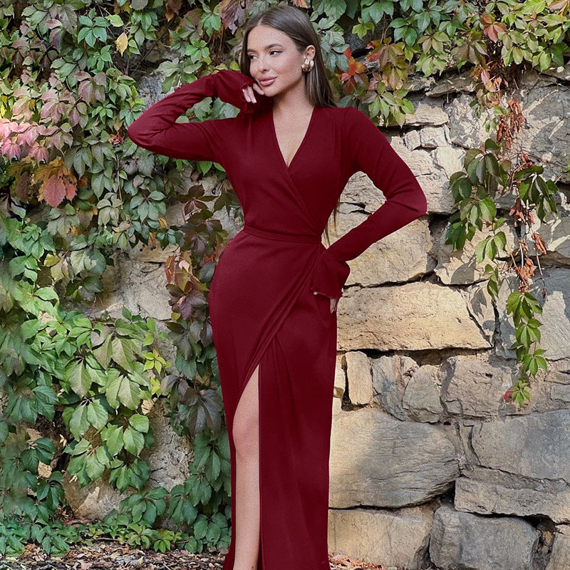 Women Clothing Autumn Winter Sexy V neck Slim Fit Slit Bell Sleeve Dress Bella Mia