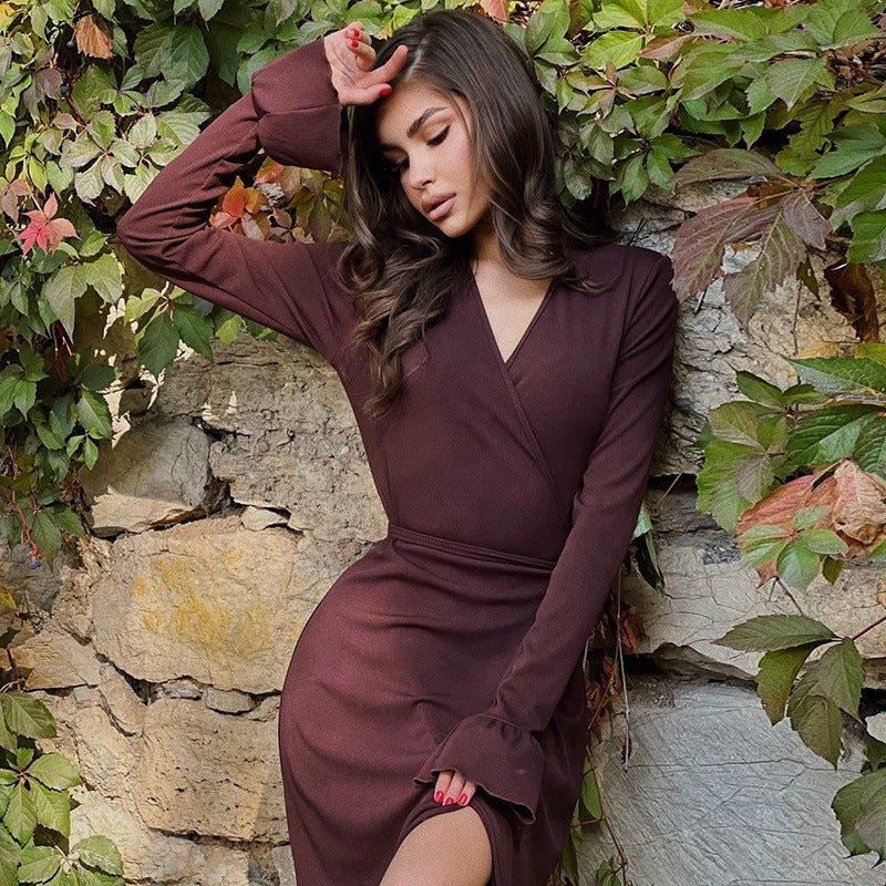 Women Clothing Autumn Winter Sexy V neck Slim Fit Slit Bell Sleeve Dress Bella Mia