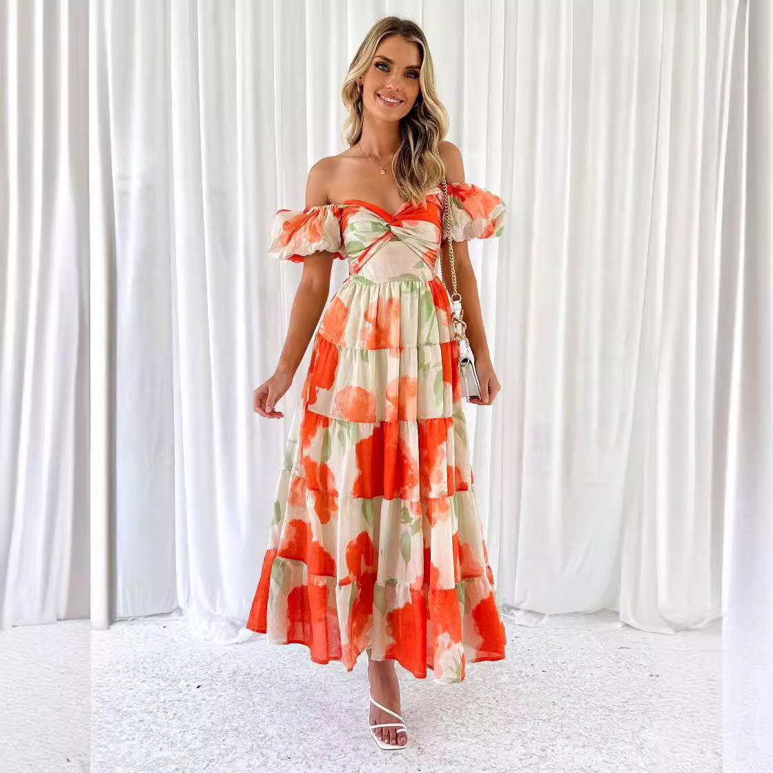 Spring Women Fashionable Elegant Puff Sleeve V neck Hollow Out Cutout out Printed Dress for Women Bella Mia