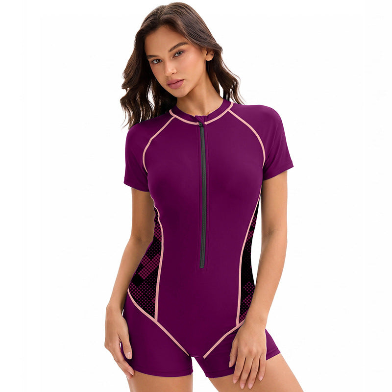 Swimsuit Women Sports One Piece Color Matching Boxer Conservative Short Sleeve Swimsuit