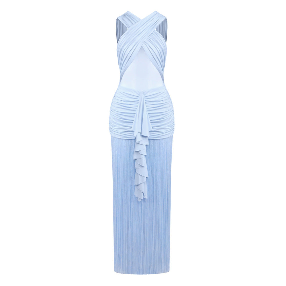 Women Clothing Sexy Solid Color Sling See through Mesh Pleats Cross Dress Vacation Bella Mia