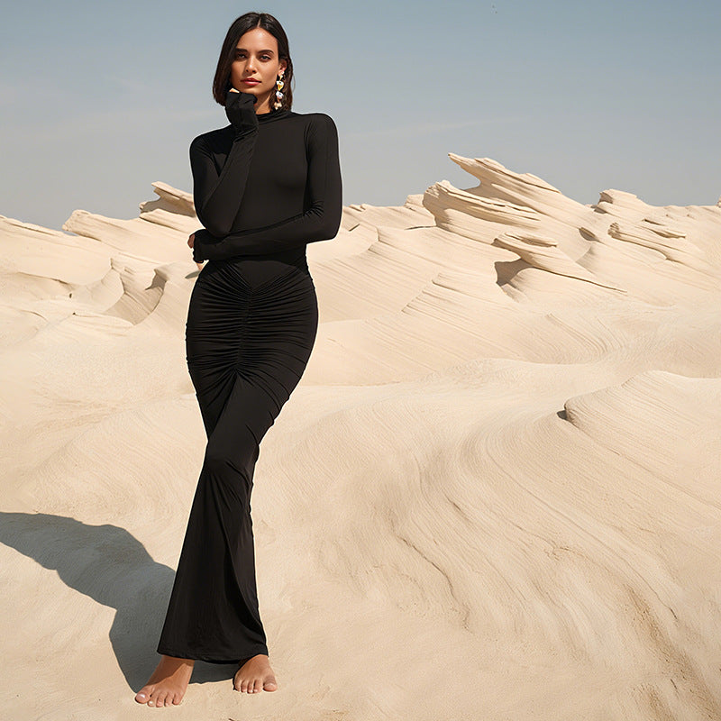 Women Clothing Autumn Solid Color Elegant Slim Slimming Pleated Turtleneck Long Sleeve Dress Bella Mia