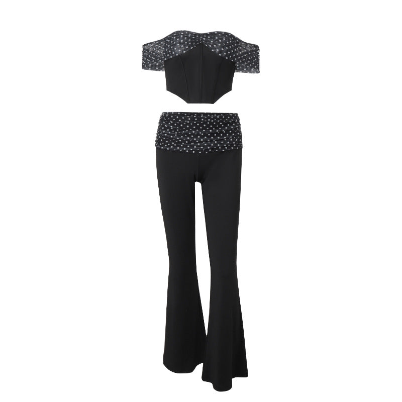 Women Clothing Summer Sexy Polka Dot Print Irregular Asymmetric Top High Waist Casual Pants Set Bella Mia