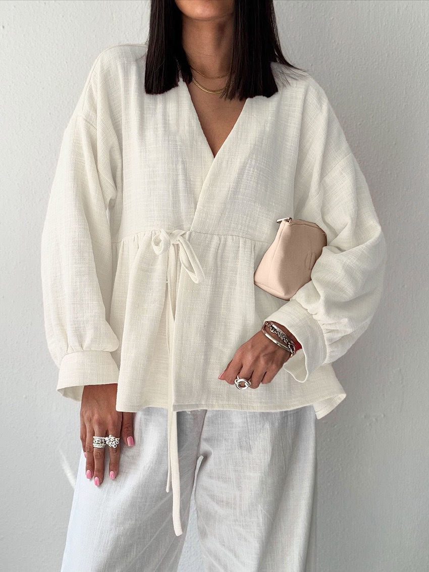 Spring Autumn Cotton Linen Solid Color V neck Trousers Comfortable Soft Shirt Women Bella Mia